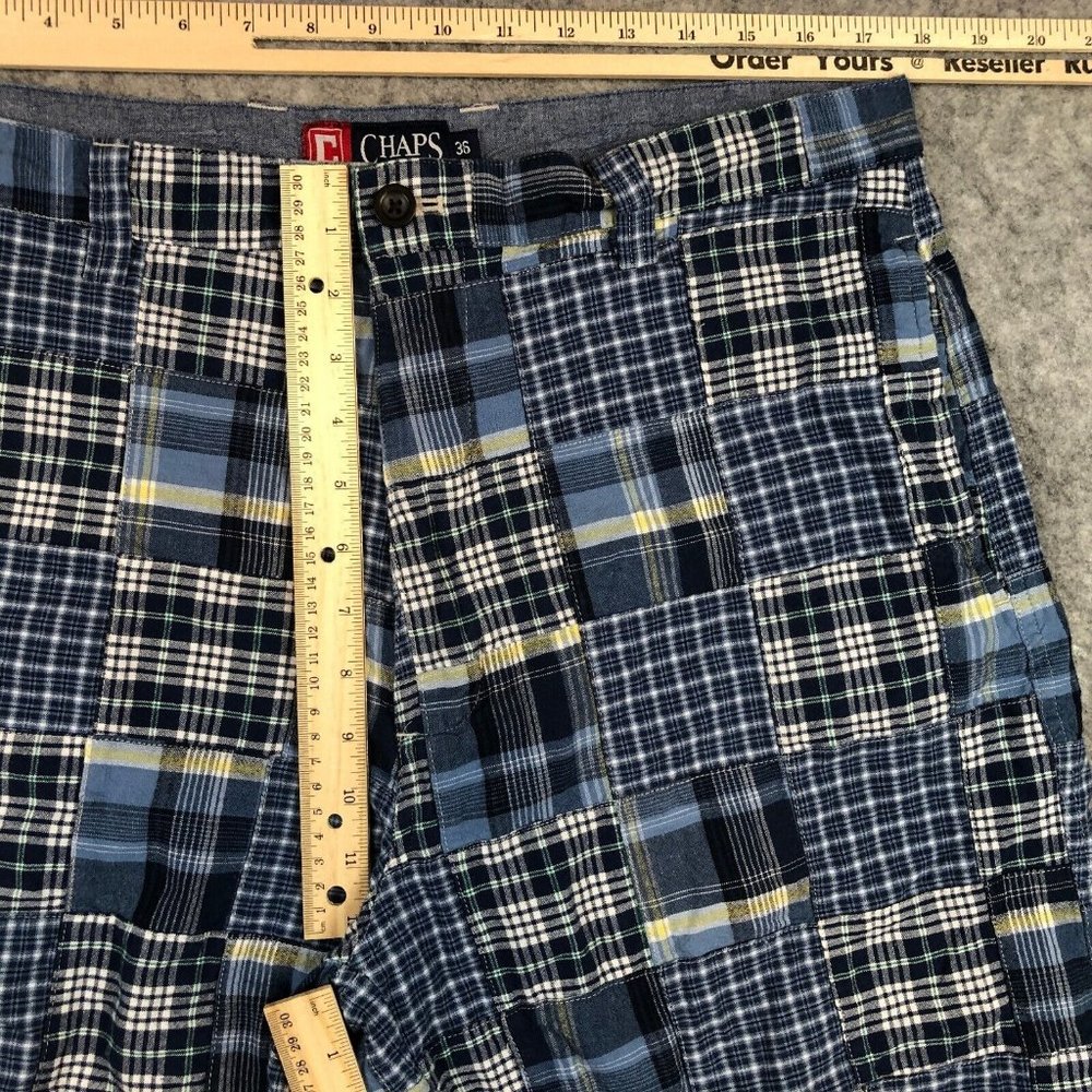 Chaps Shorts 36 Mens Blue Plaid Patchwork Quilted Casual Chino 10" 100 Cotton - Picture 5 of 9